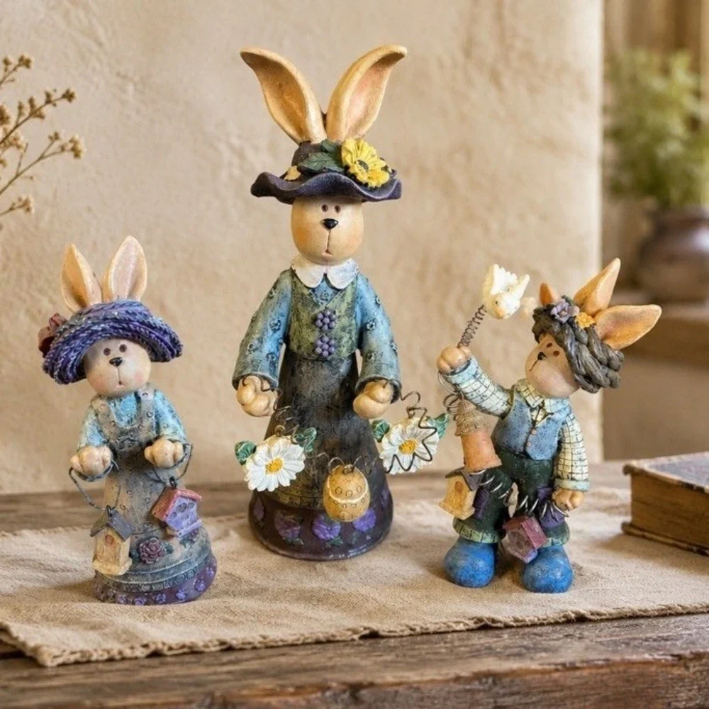 Vintage Style Resin Easter Bunny Figurines Set 3 Piece Primitive Spring Decor